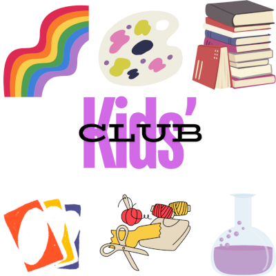 A collection of images of rainbows, books, bakers, cards, and art supplies.