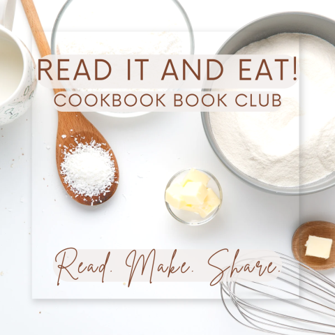 Brown kitchen spoon with salt, cup of butter, and a bowl of sugar with text that reads "Read it and Eat! cookbook book club. Read. Make. Share."