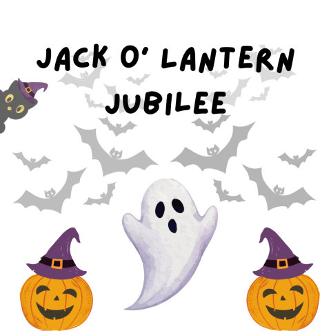 Ghost with bats and pumpkins in the background and a black cat hanging off the side