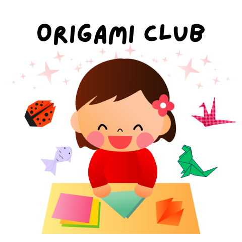 Child making origami with origami animals around them (ladybug, fish, crane, and dinosaur)