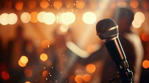 There is a microphone on a stage.