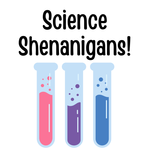 The words Science Shenanigans with three colorful beakers