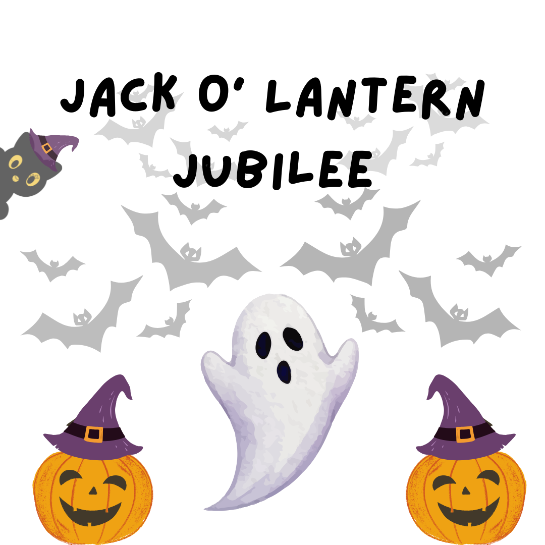 Ghost with bats and pumpkins in the background and a black cat hanging off the side