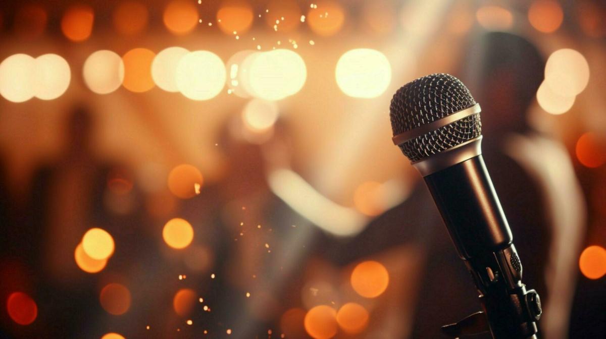 There is a microphone on a stage.