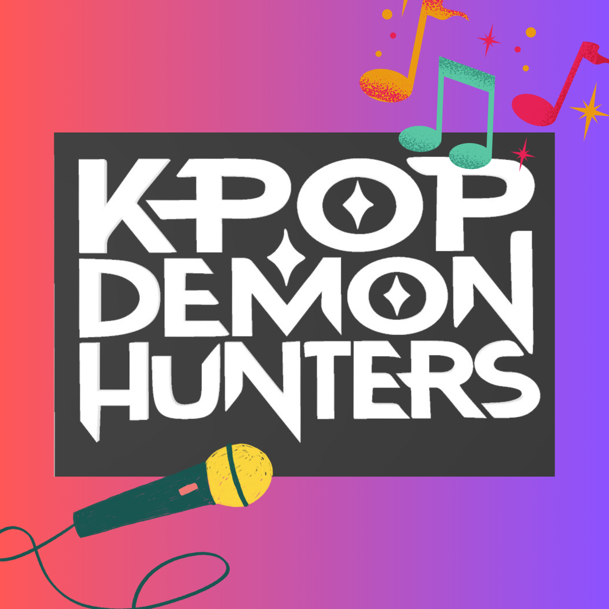 The words KPop Demon Hunters with microphone and musical notes